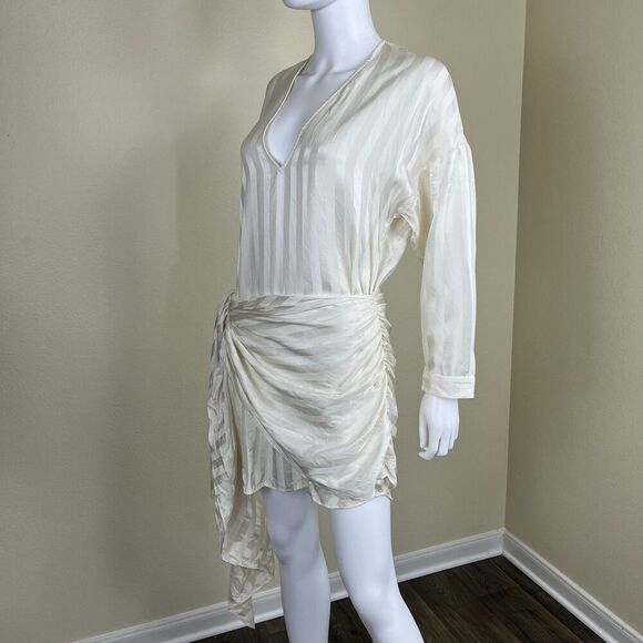 Michelle Mason Womens Size 4 Ivory Crepe Silk Satin Stripe Mini Wrap Shirt Dress - Picture 9 of 15